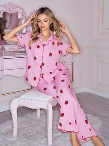 条纹草莓印花甜美荷叶边领短袖女士睡衣套装 - 粉色 - 查看 1
