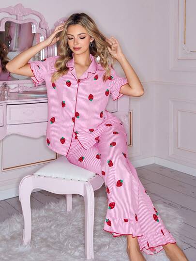 条纹草莓印花甜美荷叶边领短袖女士睡衣套装
