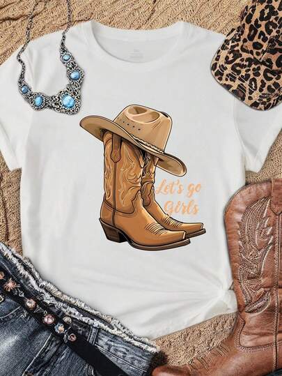 EMERY ROSE Plus Size Women Cowboy Boots & Hat Letter Pattern Printed T-Shirt Casual Short Sleeve Round Neck Top Graphic Tees Women Tops