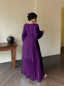 Vibekara 浪漫V领露背长袖连衣裙，飘逸优雅的希腊风格白色女神礼服 - 紫色 - 查看 2