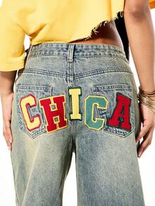 SUMWON WOMEN Quần jeans ống rộng cạp cao kiểu vintage với họa tiết chữ thêu nhiều màu sắc, thích hợp cho phong cách đường phố thường ngày mùa thu đông. - Màu xanh lam - Xem 4