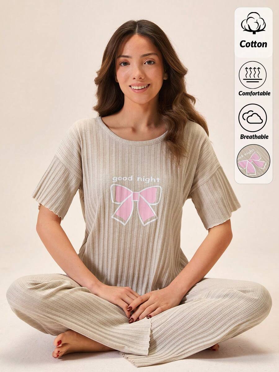 Cotton Line Women Bow Pattern Cute Comfy 2Pcs Pajama Set - Beige - View 1