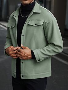 Manfinity CasualCool 男士休闲纯色纽扣开襟插肩羊毛混纺夹克，秋冬款 - 薄荷綠 - 查看 4