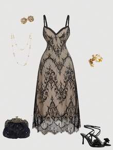 SHEIN MOD 女士蕾丝拼接优雅收腰派对长款吊带裙 - 黑色 - 查看 5