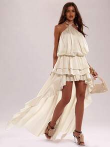 SHEIN BAE Vestido de verano elegante de unicolor para mujer, con escote halter sin espalda, parte delantera corta y parte trasera larga - Albaricoque - Ver 7