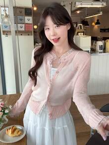 DAZY Women's Pink Soft & Sweet Ruffled Hem Korean Style Long Sleeve Knit Sweater - Baby Pink - View 6