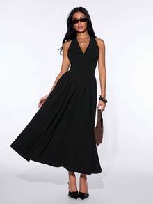 SHEIN ICON Y2k Women's Black Sexy Gown For Prom Night Party Club Princess Solid Color V-Neck Cinched Waist Backless Elegant Halter Long Dress,Spring To Summer Black Vacation Dress Black Sundress Women Black Summer Dress Women Long Black Elegant Dress Black Maxi Dress - Black - View 2