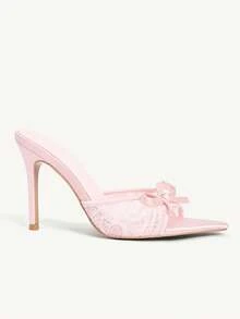 CUCCOO CHICEST Zapatos de mujer de satén rosa con encaje y malla, con elemento de lazo, moda primavera y verano, sexy tacón de aguja - Sardina rosa - Ver 4