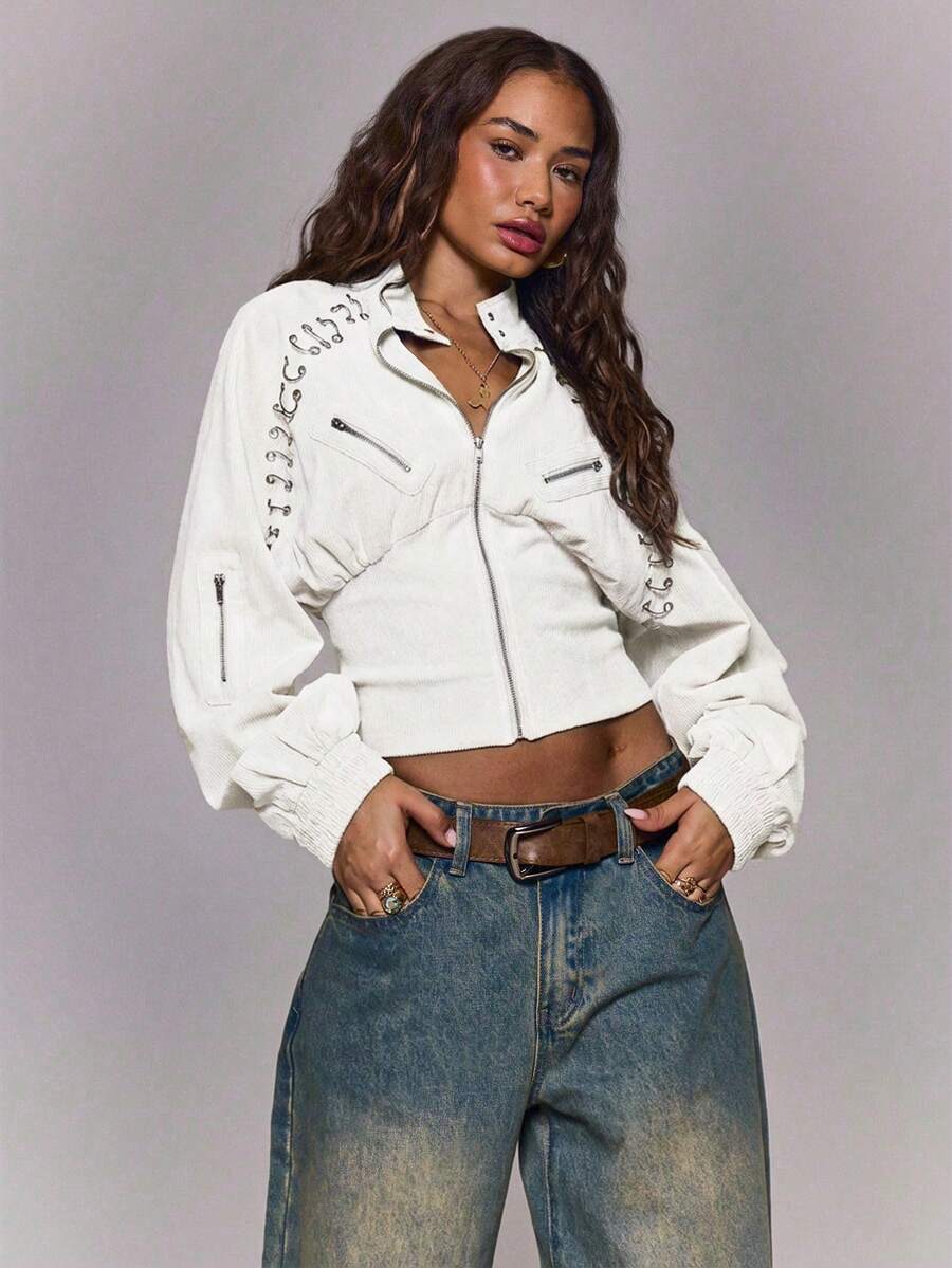 MUSERA Button Funnel Neck Detail Rib Cinched Waist Fitted Jacket Winter Going Out Everyday Night Out Casual Cool Streetwear Washed Spring - White - View 1