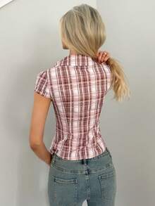 Sydney Algeri Blue Plaid Cap Sleeve Fitted Shirt For Women - Brown - View 2