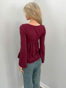 Sydney Algeri 女士休闲扭纹前V领长袖T恤，百搭新款，春秋季 - 酒紅色 - 查看 2