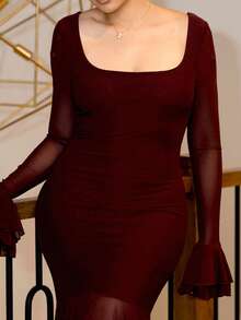Melissa Matos Burgundy Square Neck Asymmetrical Hem Ruffle Sleeves Elegant Sexy Dress Suitable For Romantic Date, Wedding, Party, Daily Wear, Gathering, Party, Night Outing, Nightclub, Burgundy Dress Long Sleeve Formal Dress Burgundy Dress Elegant Long Sleeve Dress Suitable For Romantic Date, Outing, Party, Wedding, Valentine's Day - Burgundy - View 5