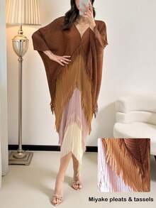 Al Najma Đầm phối màu be tay lửng cổ chữ V xếp ly tua rua dành cho nữ - màu nâu - Xem 5