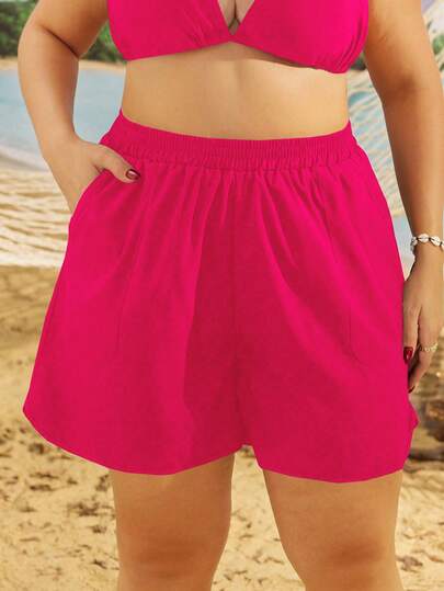 Swim Lushoire Pantalones cortos de playa de talle elástico con bolsillo en diagonal, talla grande, para vacaciones de verano, pantalones cortos negros para mujer, pantalones cortos deportivos para mujer