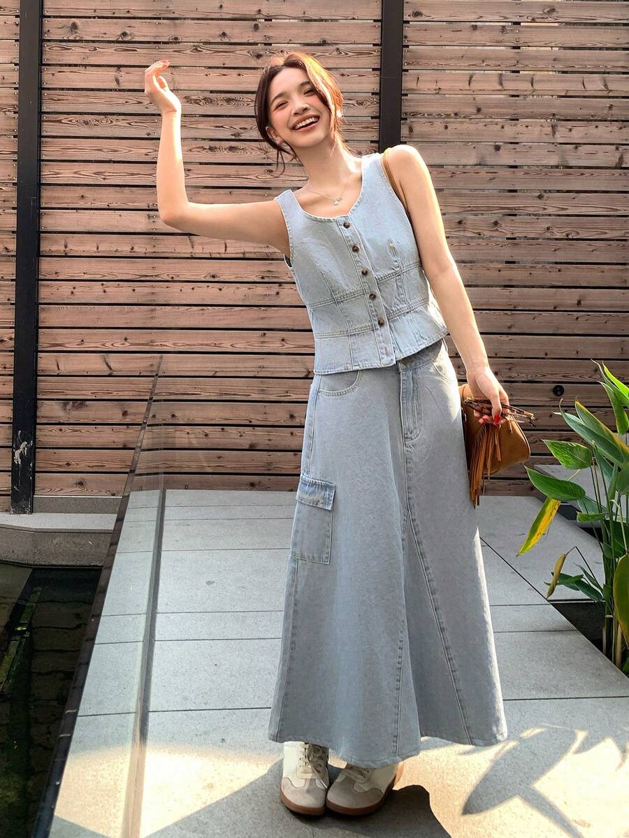 DAZY 女士水洗韩式做旧休闲清新牛仔套装，夏季 - 藍色 - 查看 1