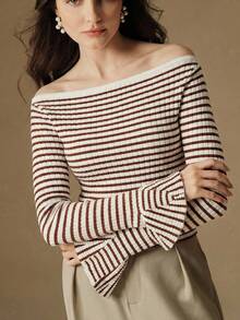 Anewsta Women's Spring/Summer Knit Sweater, French Elegant Elegant Versatile Bodycon Off-Shoulder Striped Flare Sleeve Knit Top - Coffee Brown - View 3