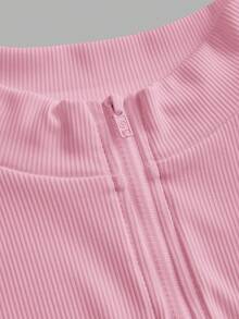 SHEIN Tall CURVE 大码女式两件套黑白半拉链高领修身休闲长袖连体衣 - 粉色 - 查看 8