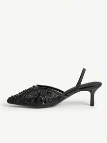 CUCCOO CHICEST New Stylish Elegant Black Embroidered Mesh Beaded Square Toe Mid-Heel Ankle Strap Pumps For Women - Black - View 4