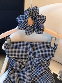 Franclia 女士休闲格子单排扣褶裥抹胸上衣 - 藍色 - 查看 6