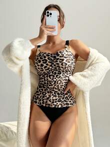 Swim DD+ Set Bikini Camisole Wanita Modis Terbaru dengan Hiasan Motif Leopard dan Tali Tebal untuk Pantai dan Resor. - MultiWarna - View 4