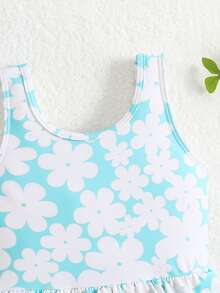 Baby Girls Light Blue Floral Print Swimsuit,Sleeveless Skirt Style One-Piece Beachwear - Teal Blue - View 3