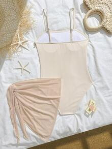 SHEIN Maiô Infantil Feminino com Babado de Concha Ondulada e Saia de Tule, Estilo Elegante e Casual, Adequado para Natação, Férias de Verão, Praia, Piscina, Festa de Férias, Roupa de Praia de Verão, Maiô Feminino, Vestido de Praia Feminino, Vestido de Verão Feminino, Vestido Saída de Praia Feminino, Maiô Canelado - Damasco - Visão 2