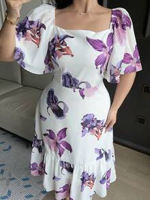 Dazy Plus Plus Size Women Floral Print Ruffle Sleeve Elegant Dress Sundress - Purple - View 2