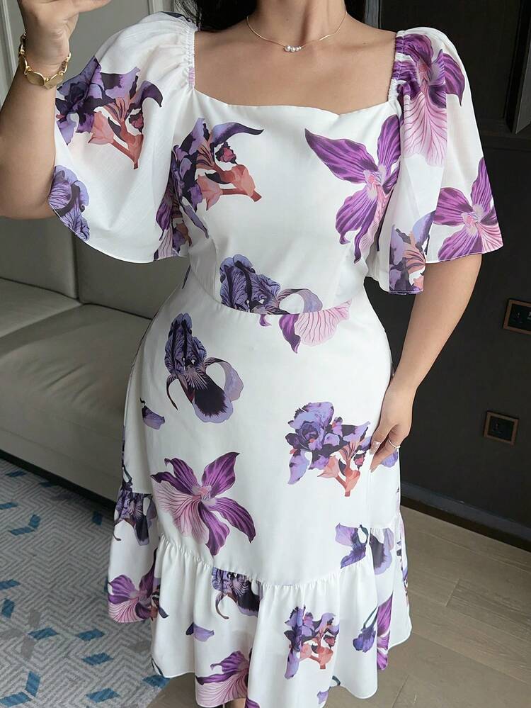 Dazy Plus Plus Size Women Floral Print Ruffle Sleeve Elegant Dress Sundress