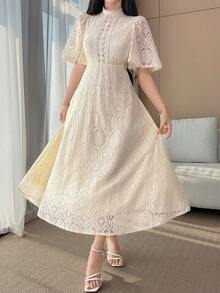 DAZY 女士优雅蕾丝立领荷叶袖中长连衣裙，夏季婚礼宾客礼服，女士吊带裙 - 米色 - 查看 4