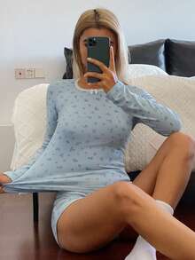 DAZY 2件套女士碎花长袖短裤睡衣套装 - 藍色 - 查看 5