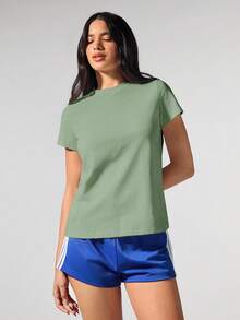 Fluxe 休闲纯色针织圆领短袖宽松百搭女式T恤 - 綠色 - 查看 6