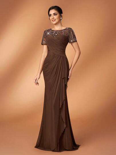 Serin Elegant Luxurious Pearl Beaded Floral Splice Elastic Knit Mesh Ruffle Mermaid Skirt With Sheer Sleeves, Suitable For Wedding, Party, Holiday, Bridal, Mother Of The Bride Evening Gown