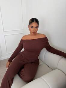 Maria Perezxox Women's Casual Asymmetrical Shoulder Fuzzy T-Shirt + Wide Leg Low Waist Pants 2 Pieces Set, Winter Fall Cloth For Women - Brown - View 5