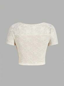 SHEIN MOD 加大码女式正面镂空网眼T恤，杏色 - 杏色 - 查看 3