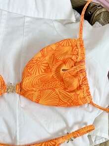 Swim Vcay Conjunto de traje de baño de 2 piezas con top tipo camiseta sin mangas y shorts de baño con estampado digital para mujeres, para uso casual, playa y viajes - Naranja - Ver 4