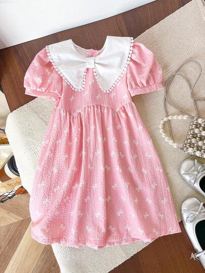 Genkimix Kids Young Girl Cute Ruffle Collar Bow Decor Casual Fashion Dress