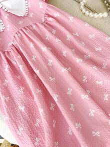 Genkimix Kids Young Girl Cute Ruffle Collar Bow Decor Casual Fashion Dress - Pink - View 3