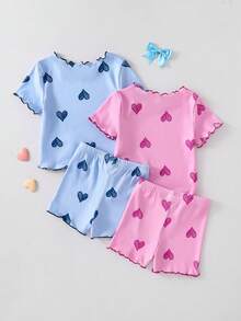 4pcs Baby Girls Cute Heart Pattern Short Sleeve Pajama Set With Frill Trim At Cuffs, Hem And Leg Openings - Multicolor - View 2