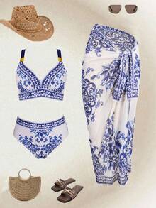 Swim Oasis 女士印花蓝白荷叶边上衣、高腰百搭泳裤和性感网纱裙三件套休闲泳装，适合海滩度假；三件套泳衣，款式简约；两件套泳装。 - 藍白色 - 查看 4