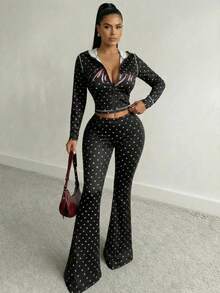 SHEIN SXY 两件套加大码波点印花连帽长袖上衣和喇叭裤套装 - 黑色 - 查看 8