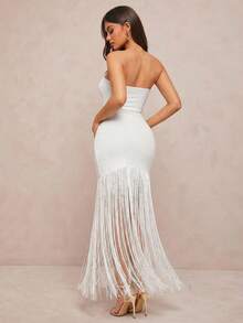 Radiana 女士性感优雅浪漫白色超长流苏修身连衣裙，长款连衣裙，无肩带连衣裙，白色连衣裙，派对礼服，宴会礼服，情人节约会礼服，适合夜晚、约会、聚会、派对、宴会、晚宴、鸡尾酒会、舞会、音乐会、生日、婚礼、俱乐部、节日、正式场合、度假、海滩、假日服装、婚礼宾客礼服、伴娘礼服 - 白色 - 查看 2