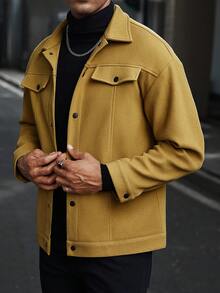 Manfinity CasualCool 男士休闲纯色纽扣开襟插肩羊毛混纺夹克，秋冬款 - 黃色 - 查看 4