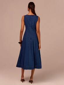 COSMINA Women's V-Neck A-Line Mid-Length Denim Dress, Waist Cinched, Casual Commute Elegant Vacation Denim Dress - Blue - View 2