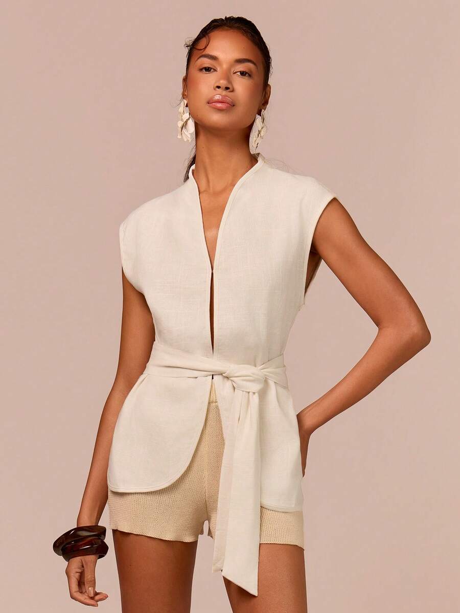 COSMINA Áo croptop nữ bằng vải lanh, áo vest vải lanh, kiểu dáng đơn giản, thích hợp cho kỳ nghỉ hè và đi làm, phù hợp với mọi phong cách. - Màu be - Xem 1