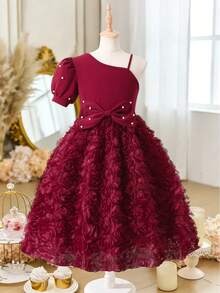 Glamorique Kids Girls' Elegant Wine Red Pearl Puff Sleeve Dress, Spring/Summer Oblique Shoulder Big Bow 3D Floral Hem Dress For Party, Birthday, Banquet - Burgundy - View 3