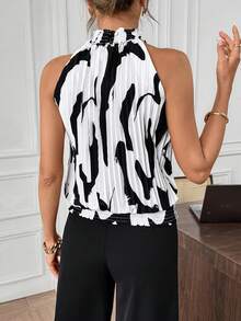 Editum 女士印花露背褶皱设计时尚上衣 - 黑與白 - 查看 2