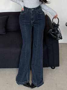 Dazy Tall Jeans de campana elegantes para mujer con lavado desgastado - Azul lavado oscuro - Ver 6