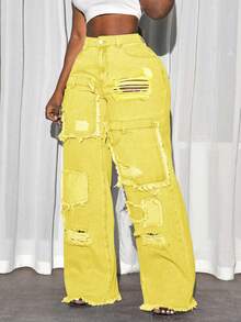 SHEIN Tall CURVE Plus Size Women's Fashion Distressed Frayed Hem Jeans - Yellow - View 3