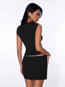 SHEIN ICON 女士黑色休闲纯色吊带背心和迷你裙两件套，春夏款 - 黑色 - 查看 2