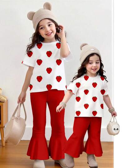 Baby Girls' Sweet & Cute Strawberry Print White Short Sleeve T-Shirt And Red Bell-Bottom Pants 2-Piece Set, Suitable For Outings In Spring, Summer, Autumn, And Winter, Adorable Princess Outfit For All Seasons